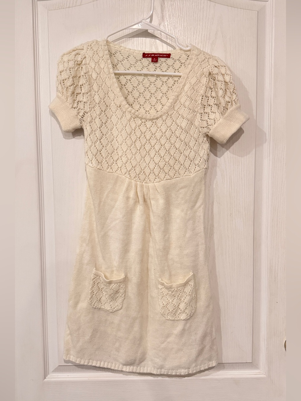 JJ Basics  Cream Knit Lace-Yoke Casual Dress